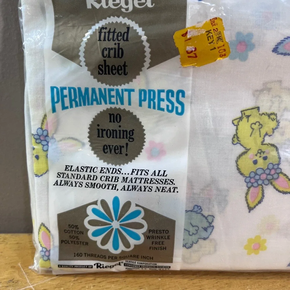Vtg Riegel Fitted Crib Sheet Blue Yellow Bunny Floral Permanent Press NOS